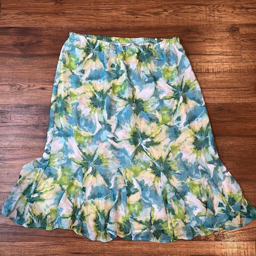 Y2K Floral Midi Ruffle Skirt Women 16 Blue Elastic Waist Lined Boho‎ Coquette